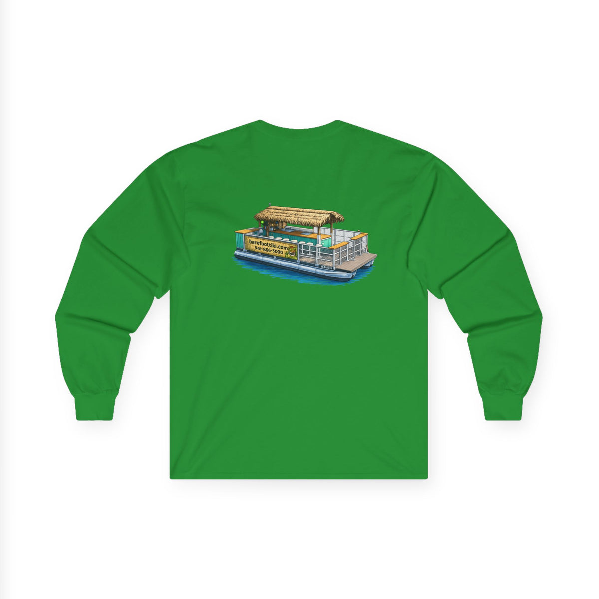 Long Sleeve Tee — Barefoot Tiki Tour Boat Illustration (Front Logo, Back Art)