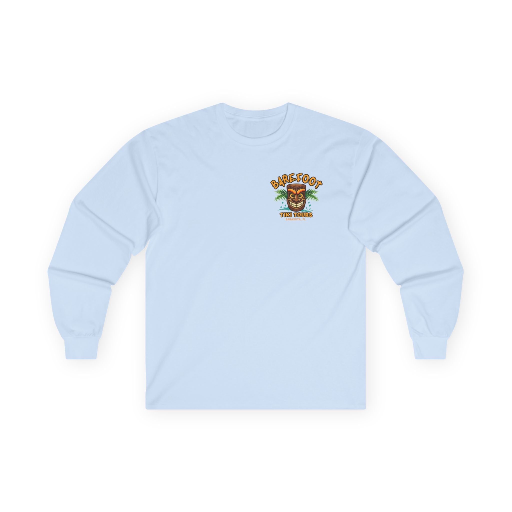 Long Sleeve Tee - Barefoot Tiki Tour Boat Illustration (Front Logo, Back Art)