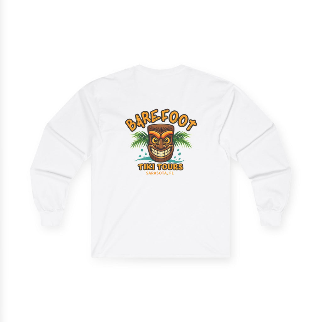 Barefoot Tiki Tours long sleeve tee | Retro Tiki Mask palm trees