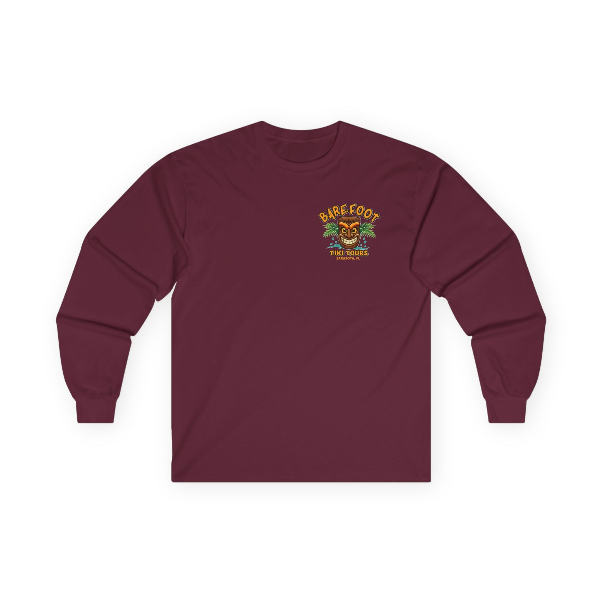 Long Sleeve Tee - Barefoot Tiki Tour Boat Illustration (Front Logo, Back Art)