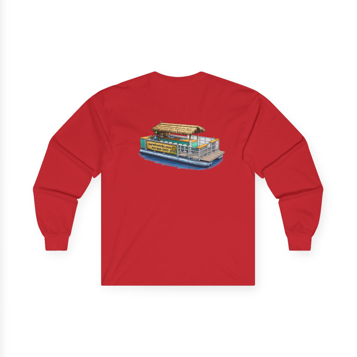 Long Sleeve Tee — Barefoot Tiki Tour Boat Illustration (Front Logo, Back Art)