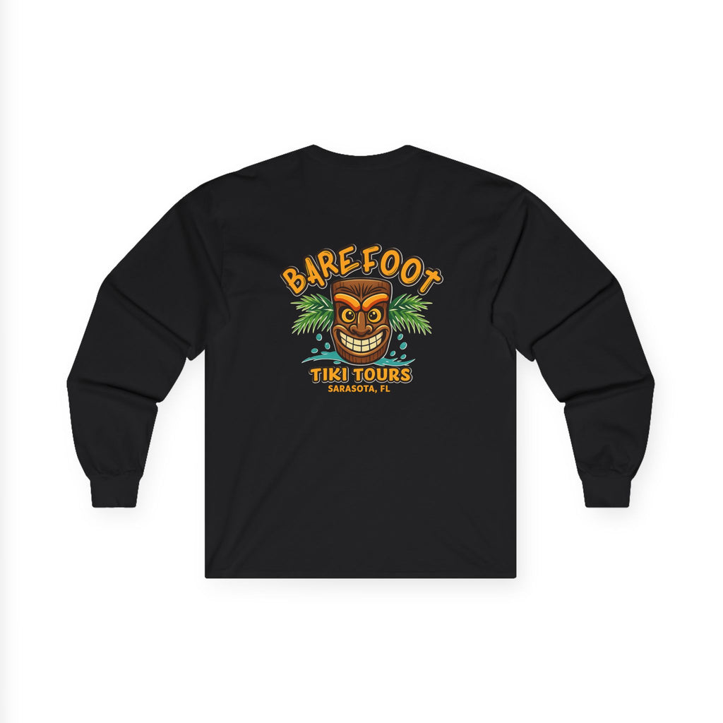 Barefoot Tiki Tours long sleeve tee | Retro Tiki Mask palm trees