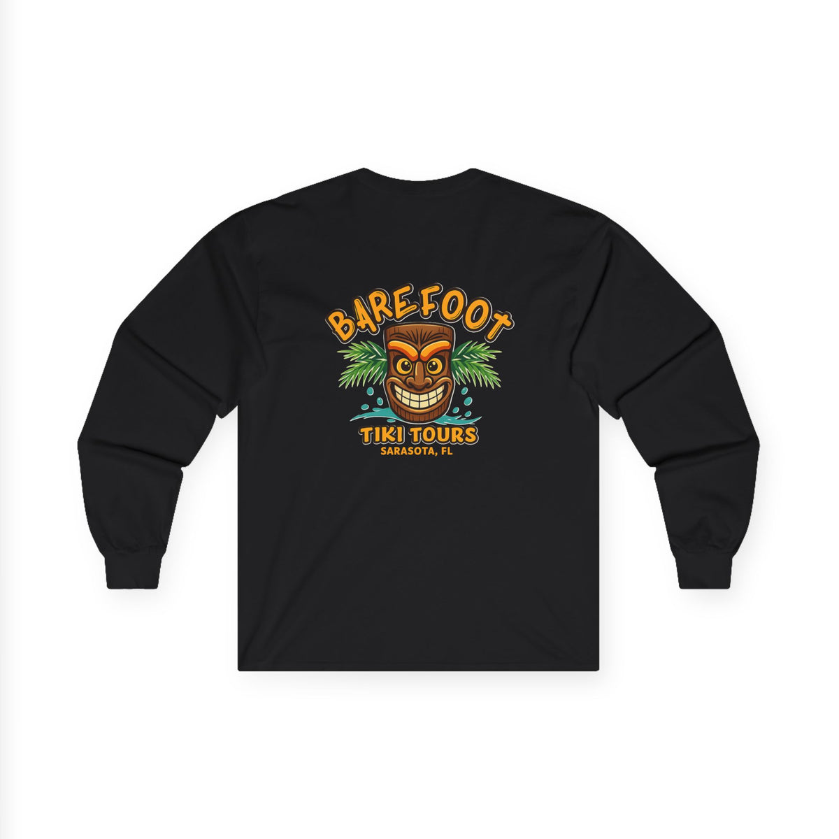 Barefoot Tiki Tours long sleeve tee | Retro Tiki Mask palm trees