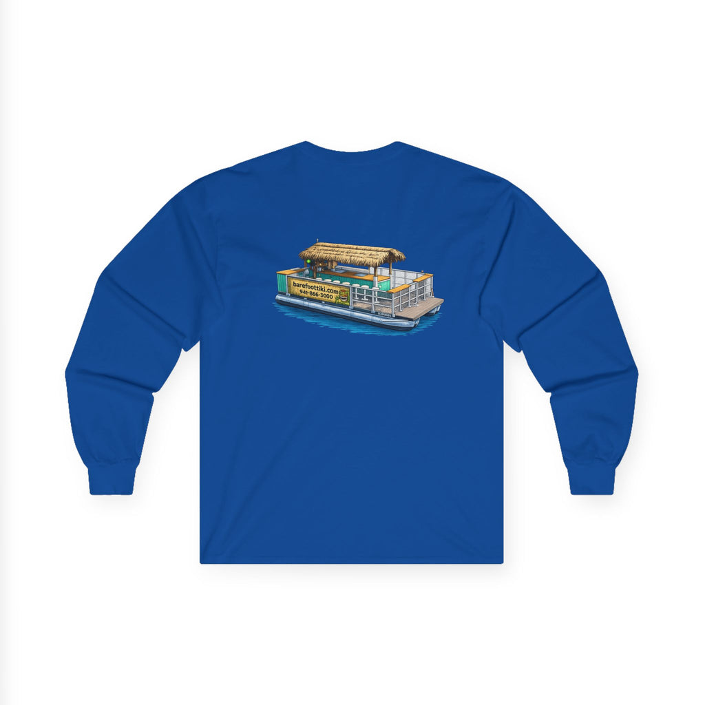 Long Sleeve Tee — Barefoot Tiki Tour Boat Illustration (Front Logo, Back Art)