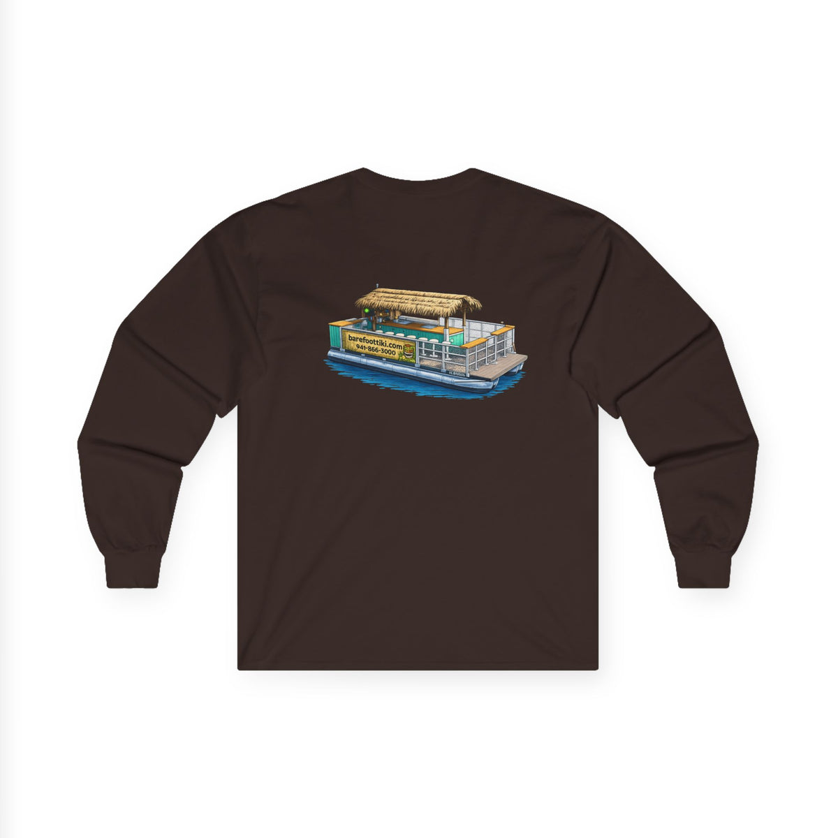 Long Sleeve Tee — Barefoot Tiki Tour Boat Illustration (Front Logo, Back Art)