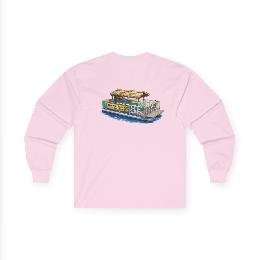 Long Sleeve Tee — Barefoot Tiki Tour Boat Illustration (Front Logo, Back Art)