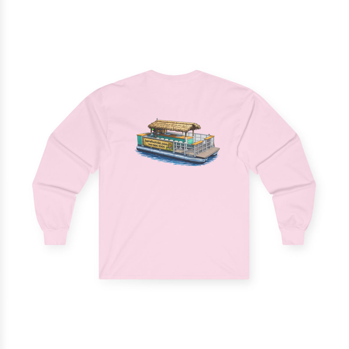 Long Sleeve Tee — Barefoot Tiki Tour Boat Illustration (Front Logo, Back Art)