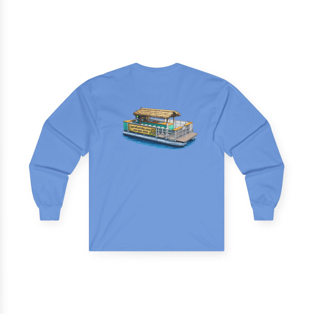 Long Sleeve Tee — Barefoot Tiki Tour Boat Illustration (Front Logo, Back Art)