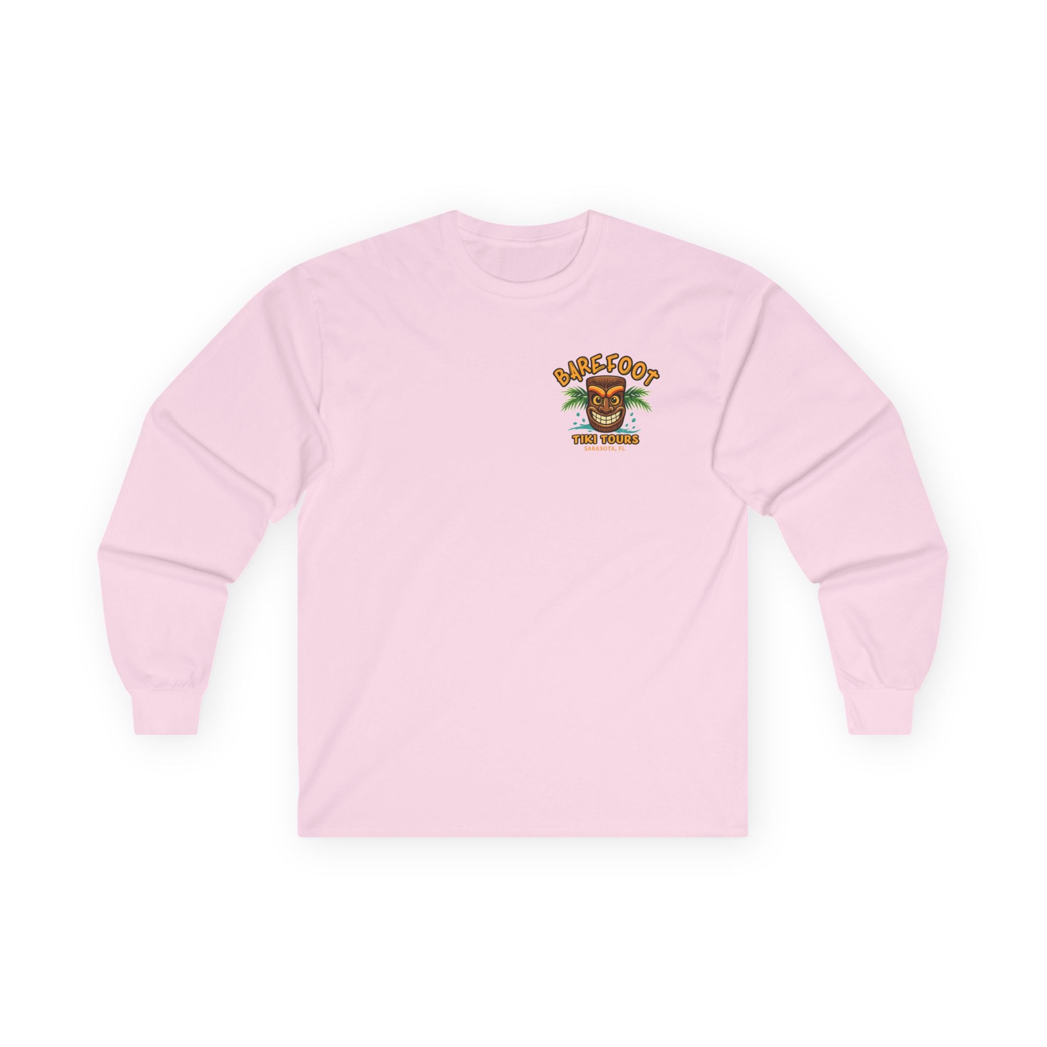 Long Sleeve Tee - Barefoot Tiki Tour Boat Illustration (Front Logo, Back Art)