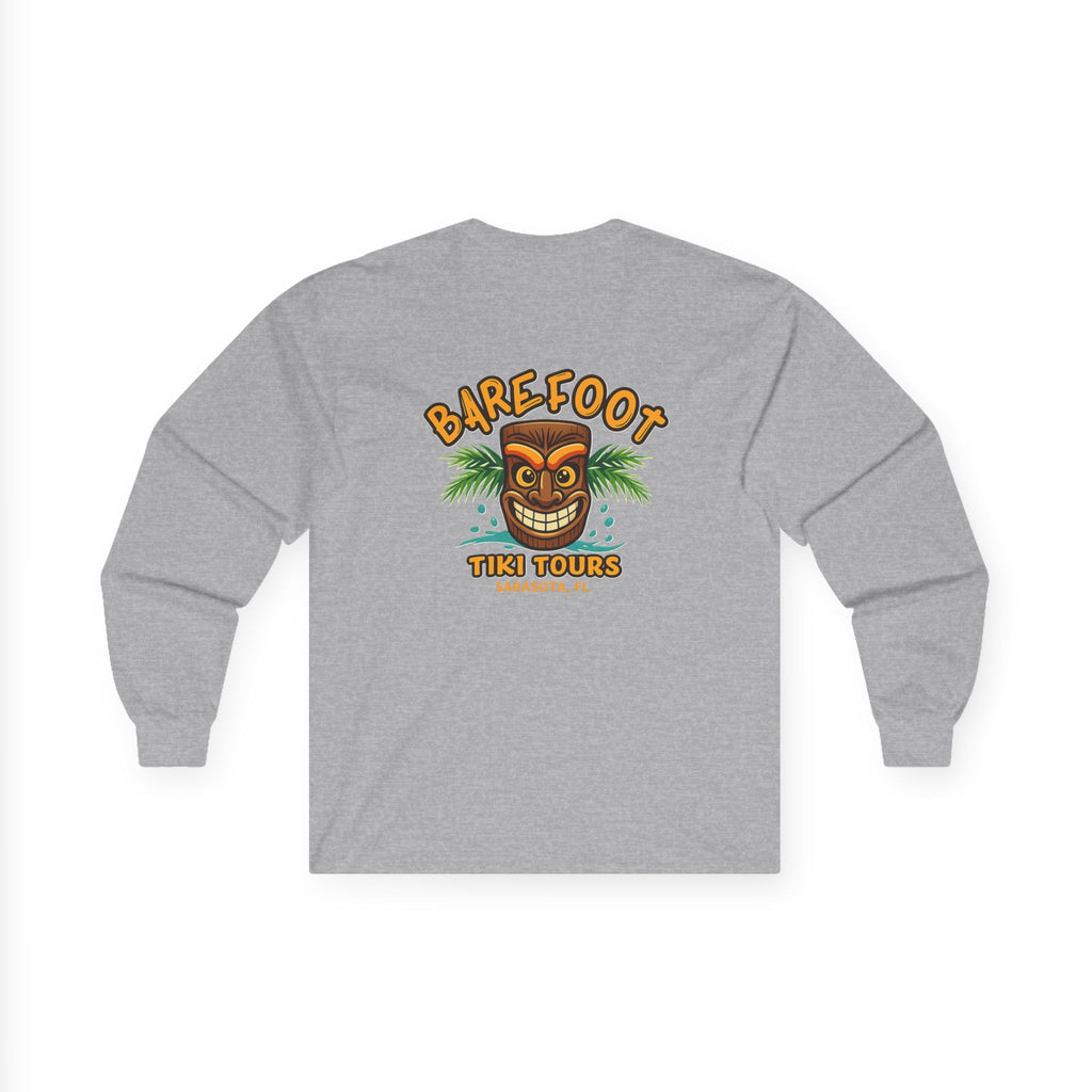 Barefoot Tiki Tours long sleeve tee | Retro Tiki Mask palm trees