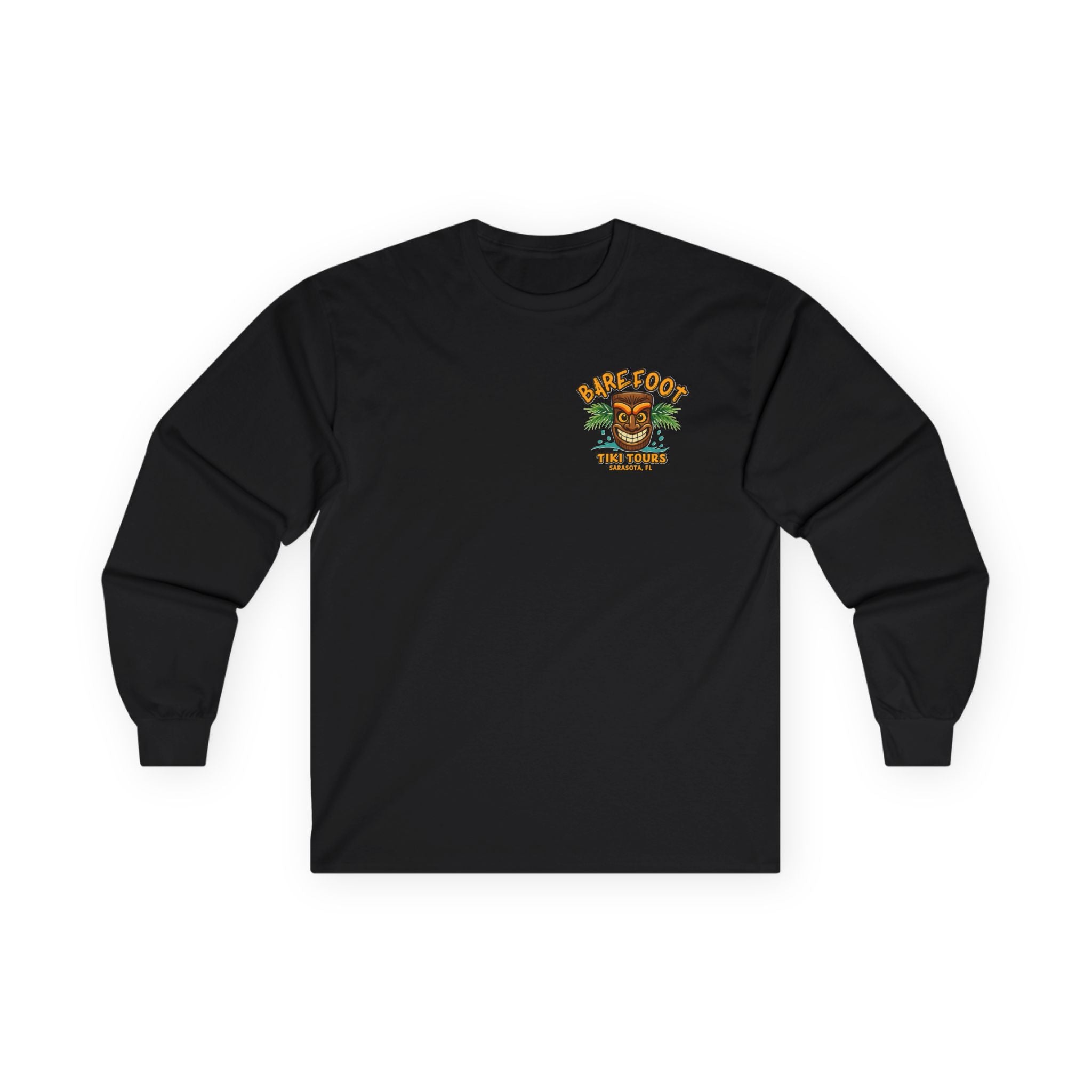 Long Sleeve Tee - Barefoot Tiki Tour Boat Illustration (Front Logo, Back Art)