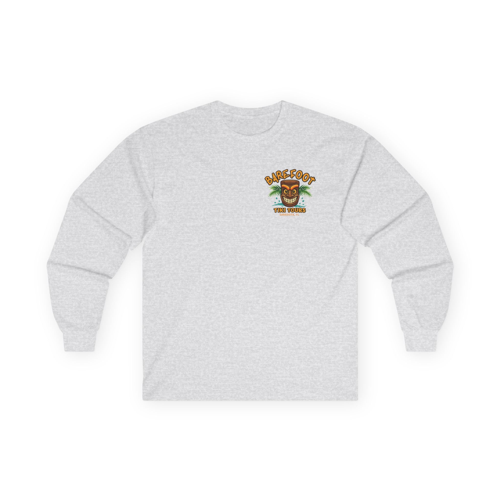 Long Sleeve Tee - Barefoot Tiki Tour Boat Illustration (Front Logo, Back Art)