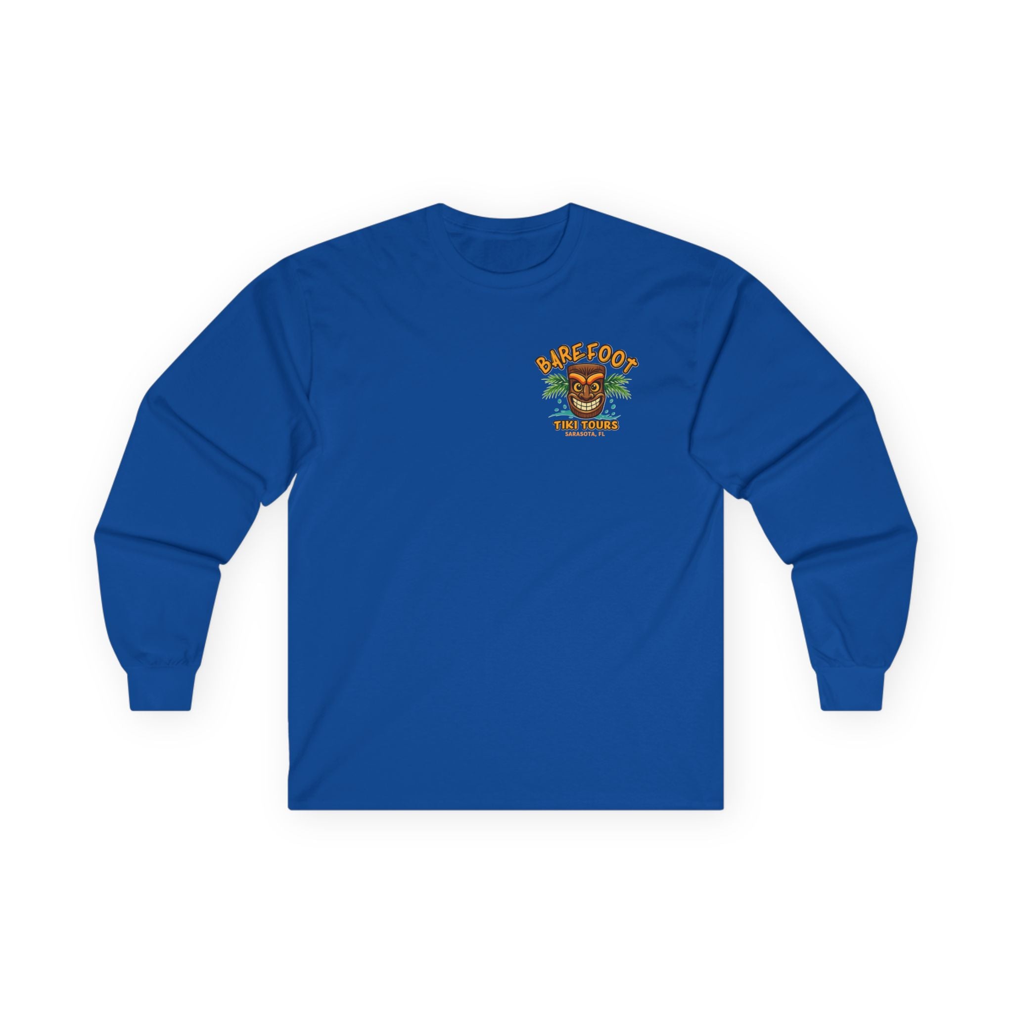 Long Sleeve Tee - Barefoot Tiki Tour Boat Illustration (Front Logo, Back Art)