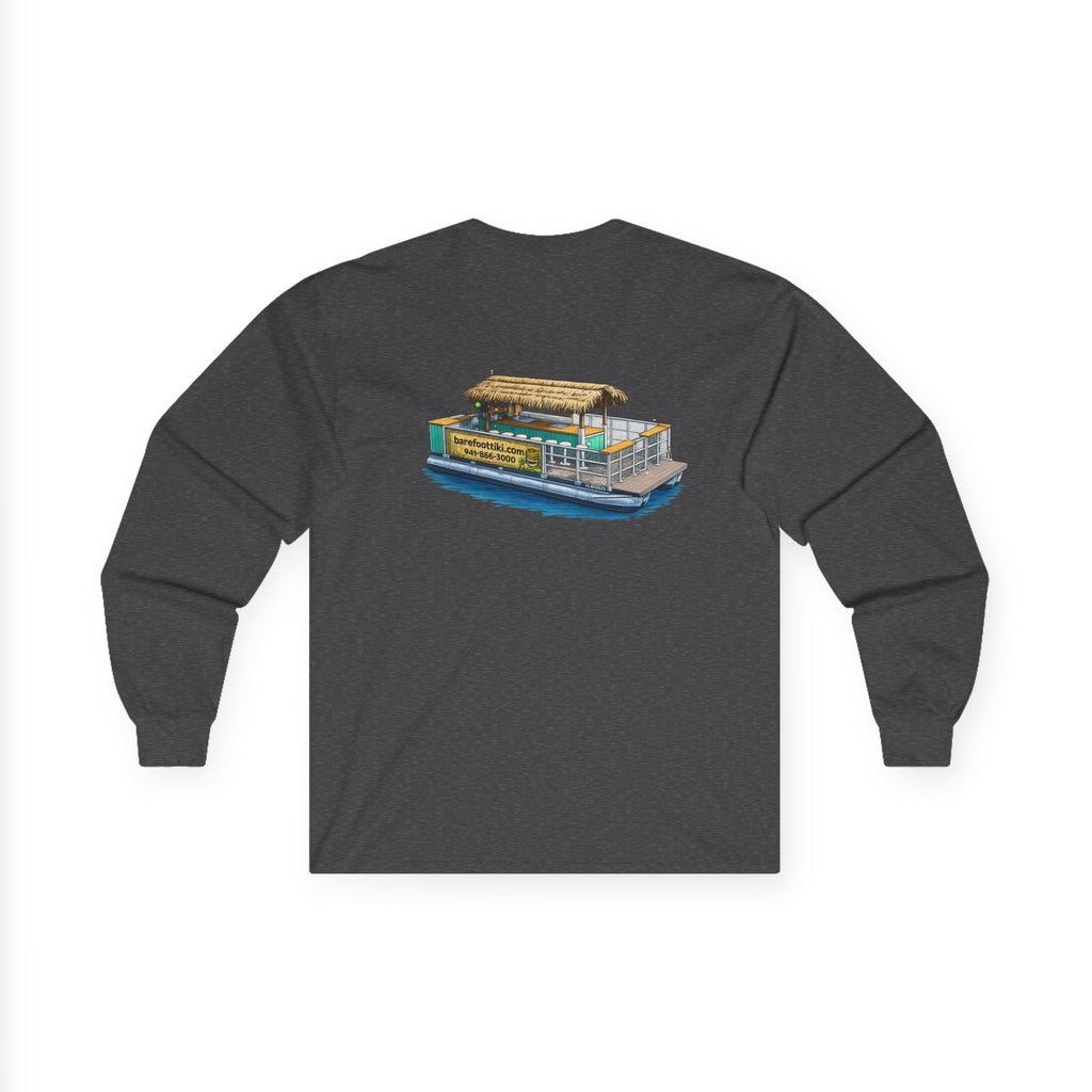 Long Sleeve Tee — Barefoot Tiki Tour Boat Illustration (Front Logo, Back Art)