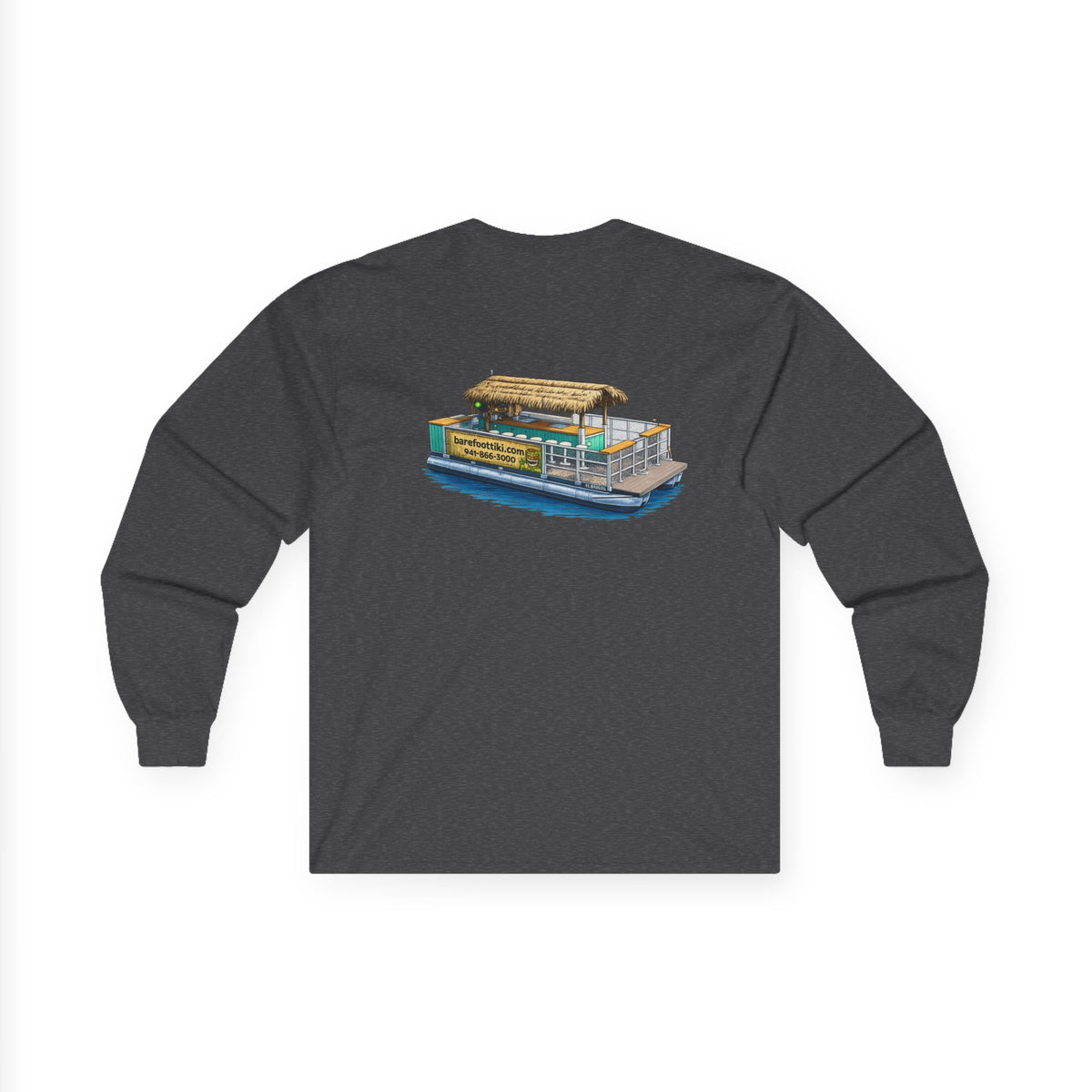 Long Sleeve Tee — Barefoot Tiki Tour Boat Illustration (Front Logo, Back Art)