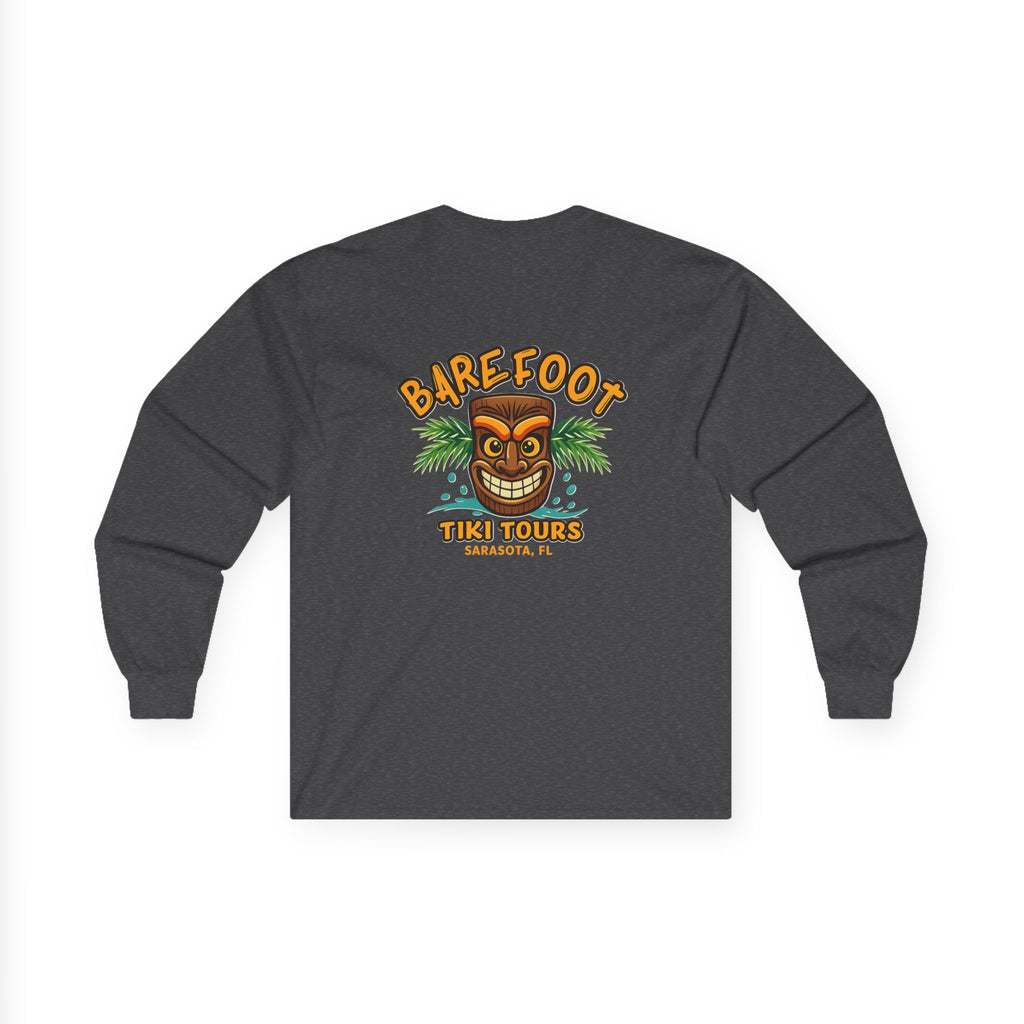 Barefoot Tiki Tours long sleeve tee | Retro Tiki Mask palm trees