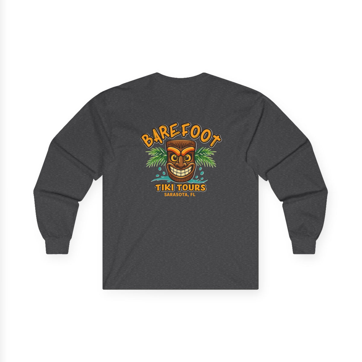 Barefoot Tiki Tours long sleeve tee | Retro Tiki Mask palm trees