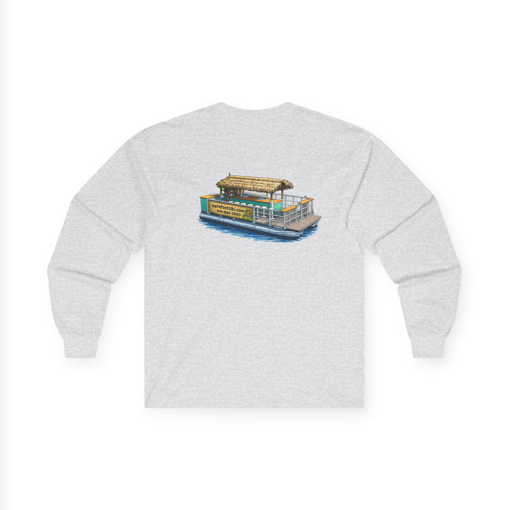 Long Sleeve Tee — Barefoot Tiki Tour Boat Illustration (Front Logo, Back Art)
