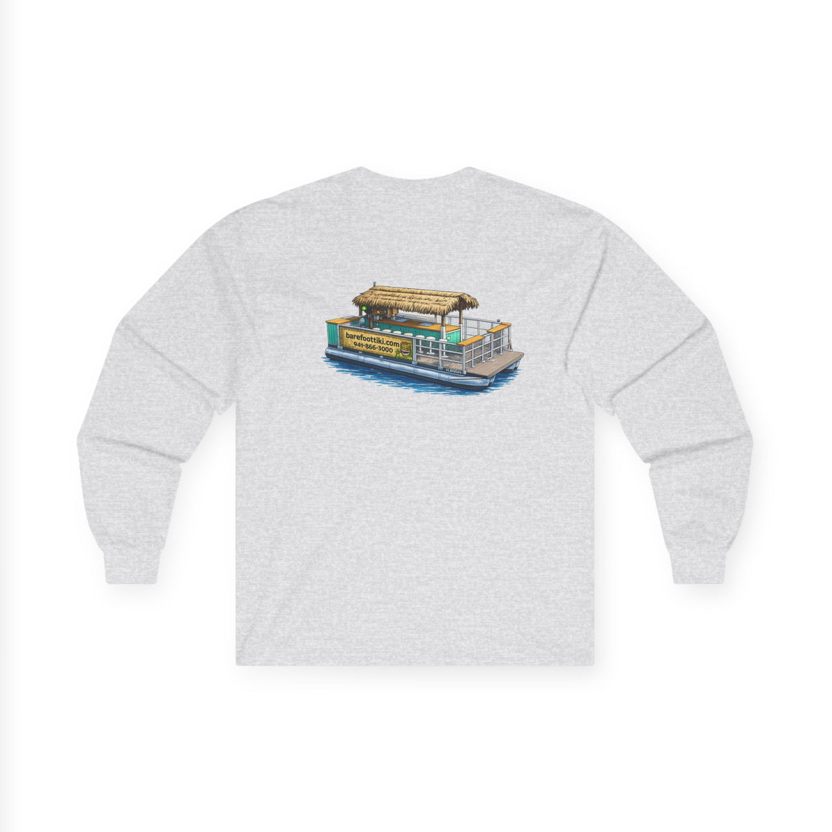 Long Sleeve Tee — Barefoot Tiki Tour Boat Illustration (Front Logo, Back Art)