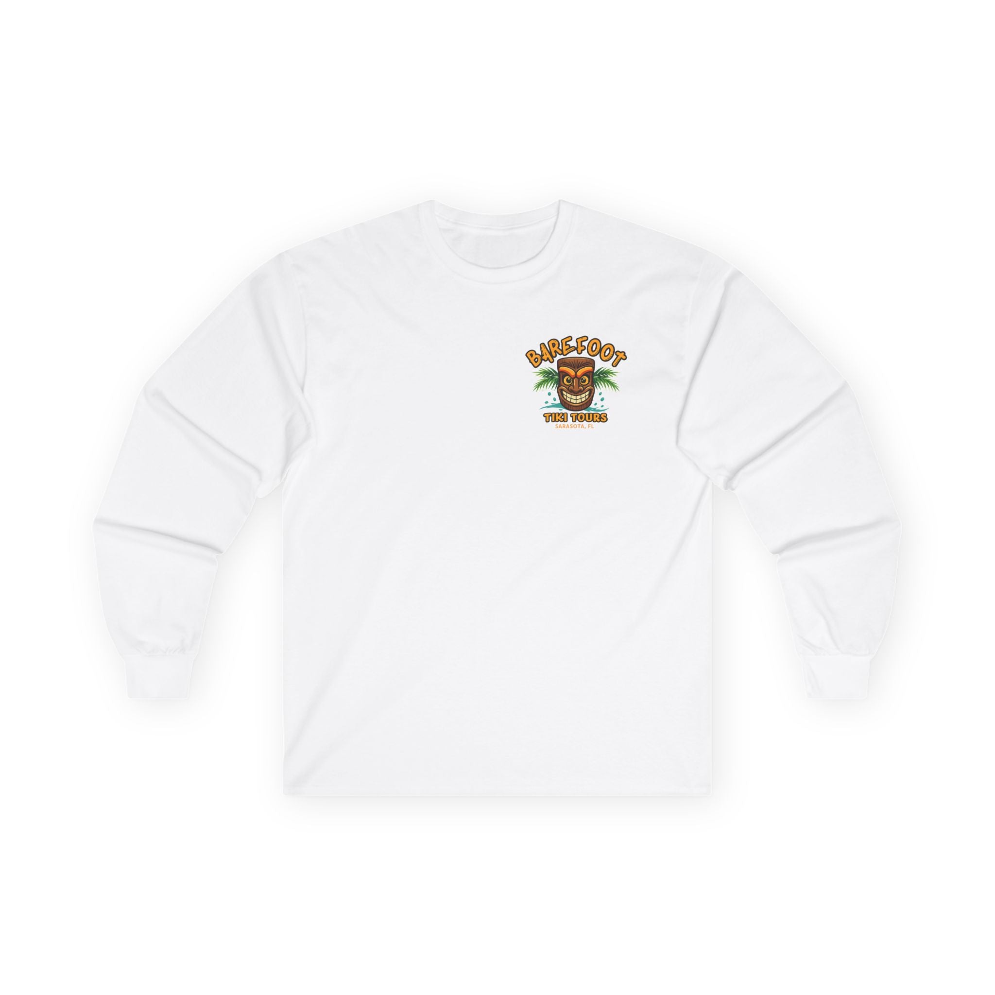 Long Sleeve Tee - Barefoot Tiki Tour Boat Illustration (Front Logo, Back Art)