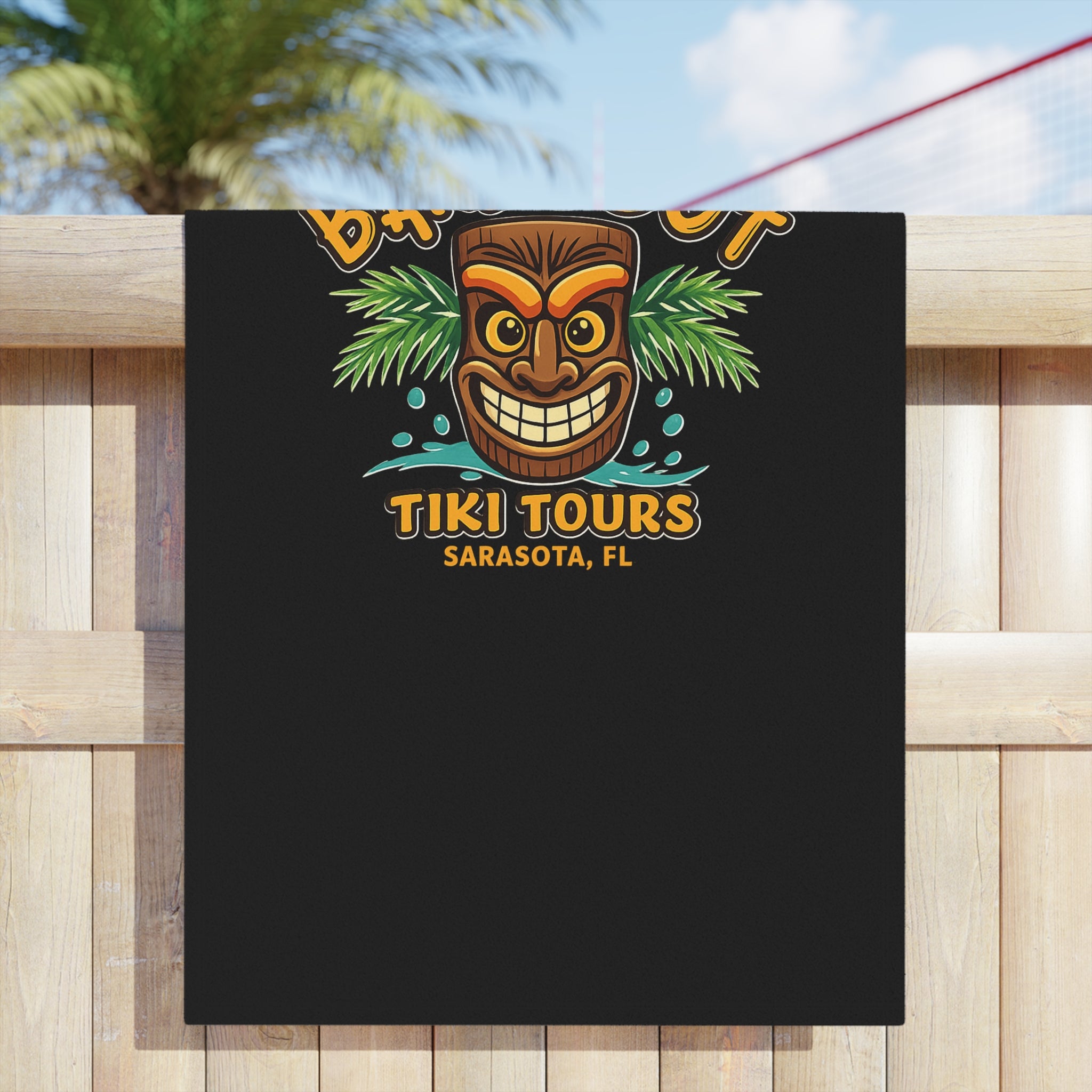 Tiki Beach Towel — 'Barefoot Tiki Tours Sarasota, FL' Tropical Beach Towel