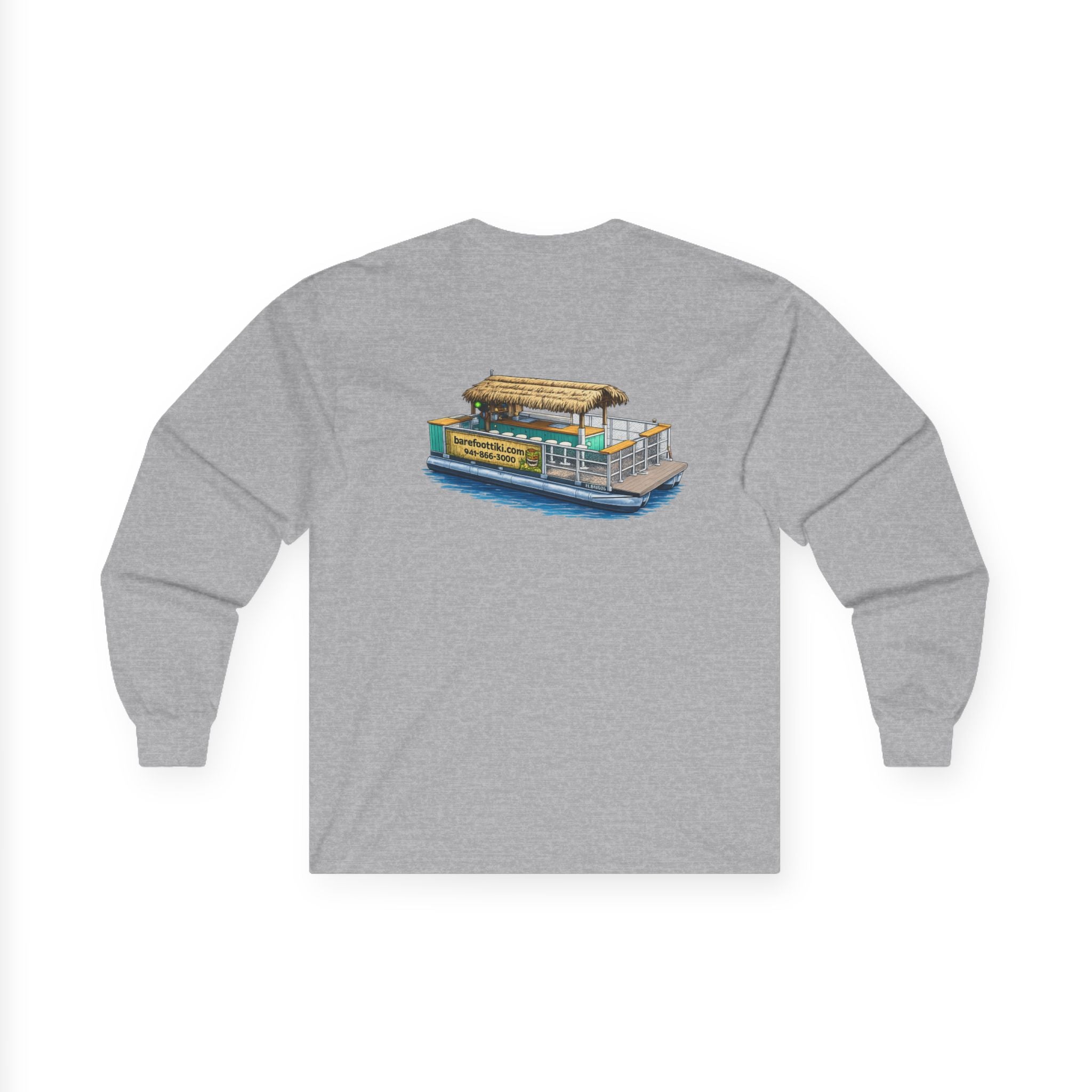 Long Sleeve Tee - Barefoot Tiki Tour Boat Illustration (Front Logo, Back Art)