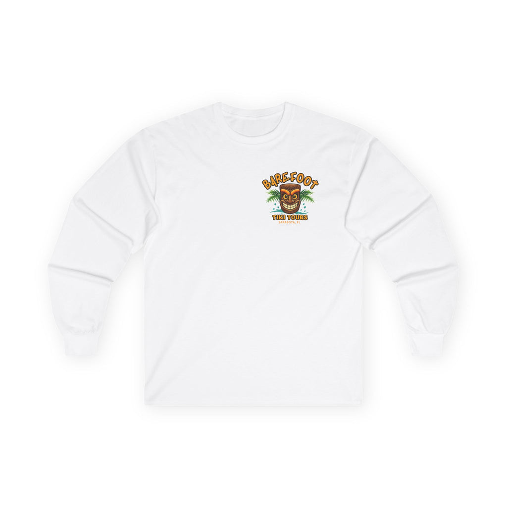 Barefoot Tiki Tours long sleeve tee | Retro Tiki Mask palm trees