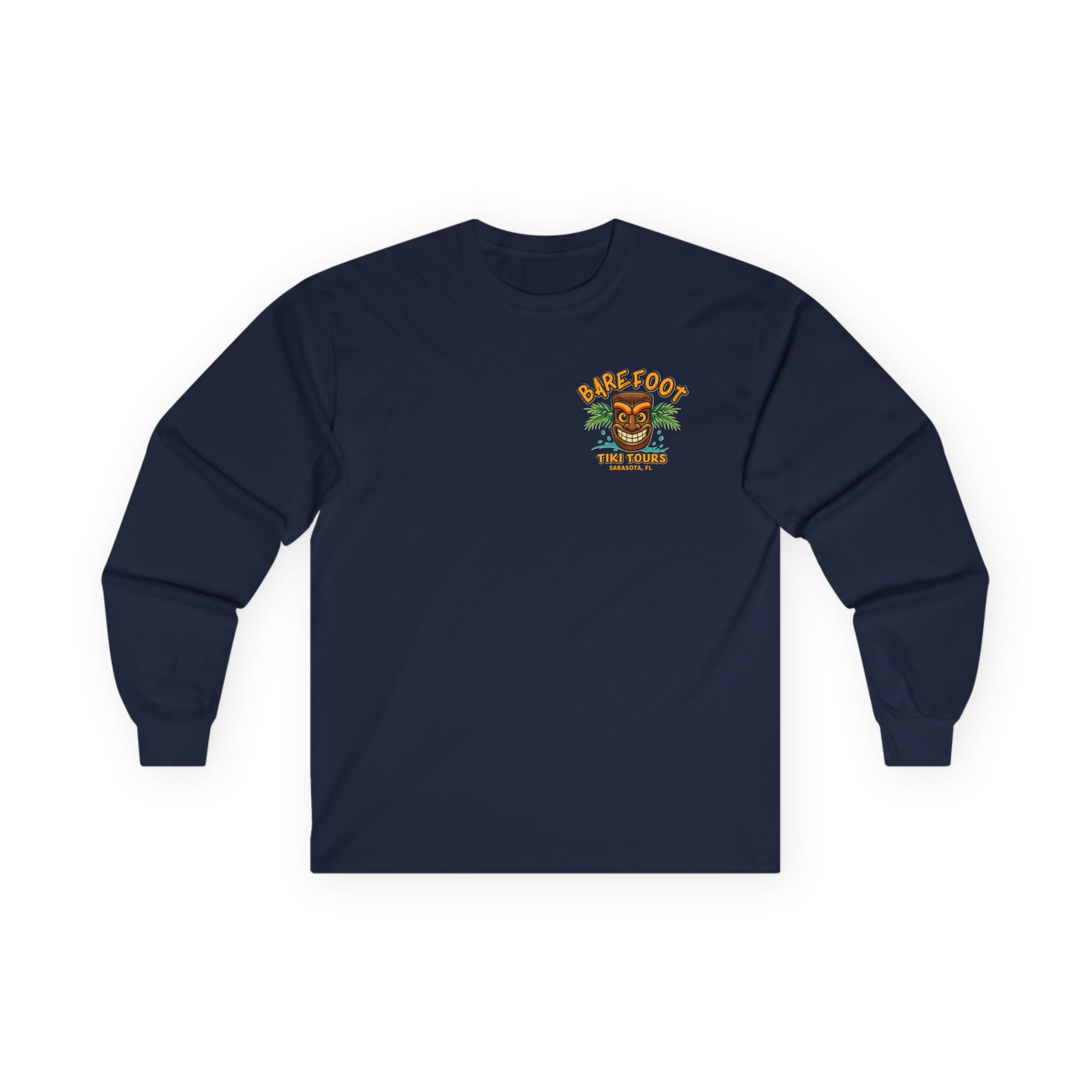 Long Sleeve Tee - Barefoot Tiki Tour Boat Illustration (Front Logo, Back Art)