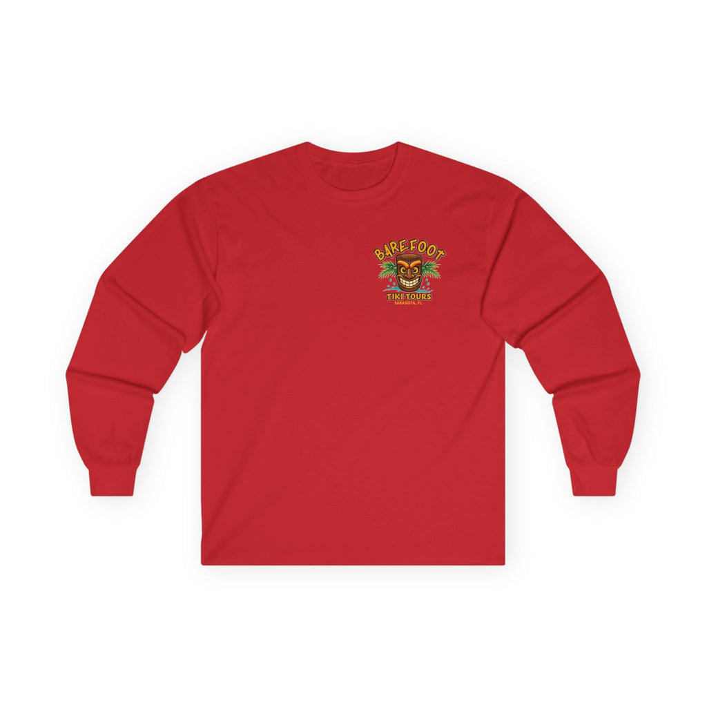 Long Sleeve Tee — Barefoot Tiki Tour Boat Illustration (Front Logo, Back Art)
