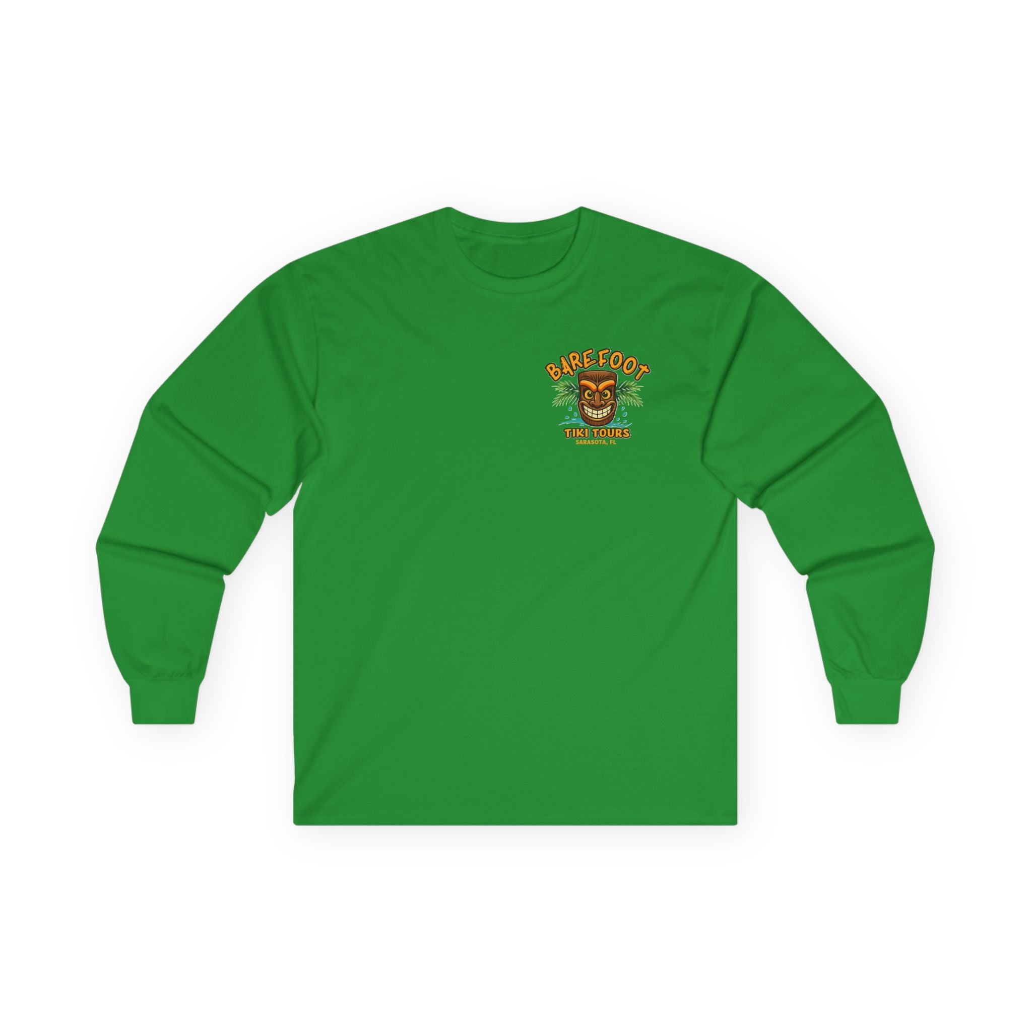 Long Sleeve Tee - Barefoot Tiki Tour Boat Illustration (Front Logo, Back Art)