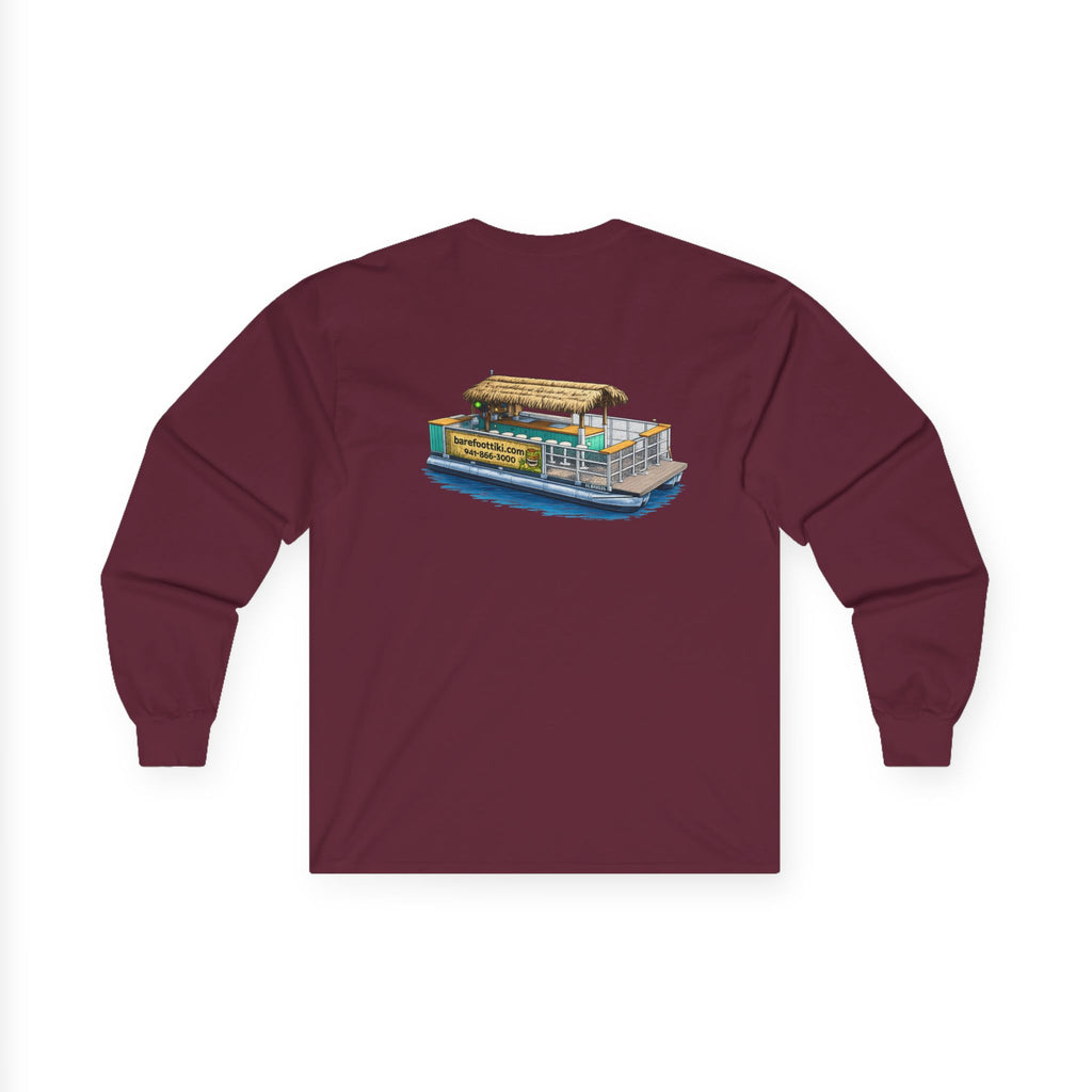 Long Sleeve Tee — Barefoot Tiki Tour Boat Illustration (Front Logo, Back Art)