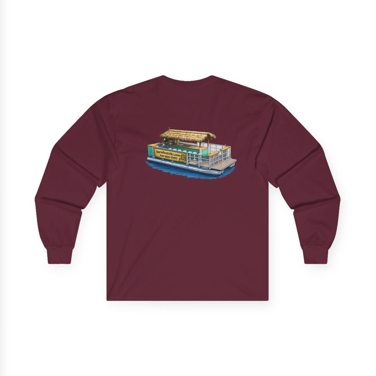 Long Sleeve Tee — Barefoot Tiki Tour Boat Illustration (Front Logo, Back Art)