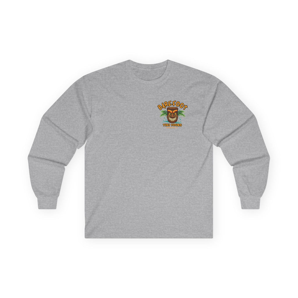 Long Sleeve Tee — Barefoot Tiki Tour Boat Illustration (Front Logo, Back Art)