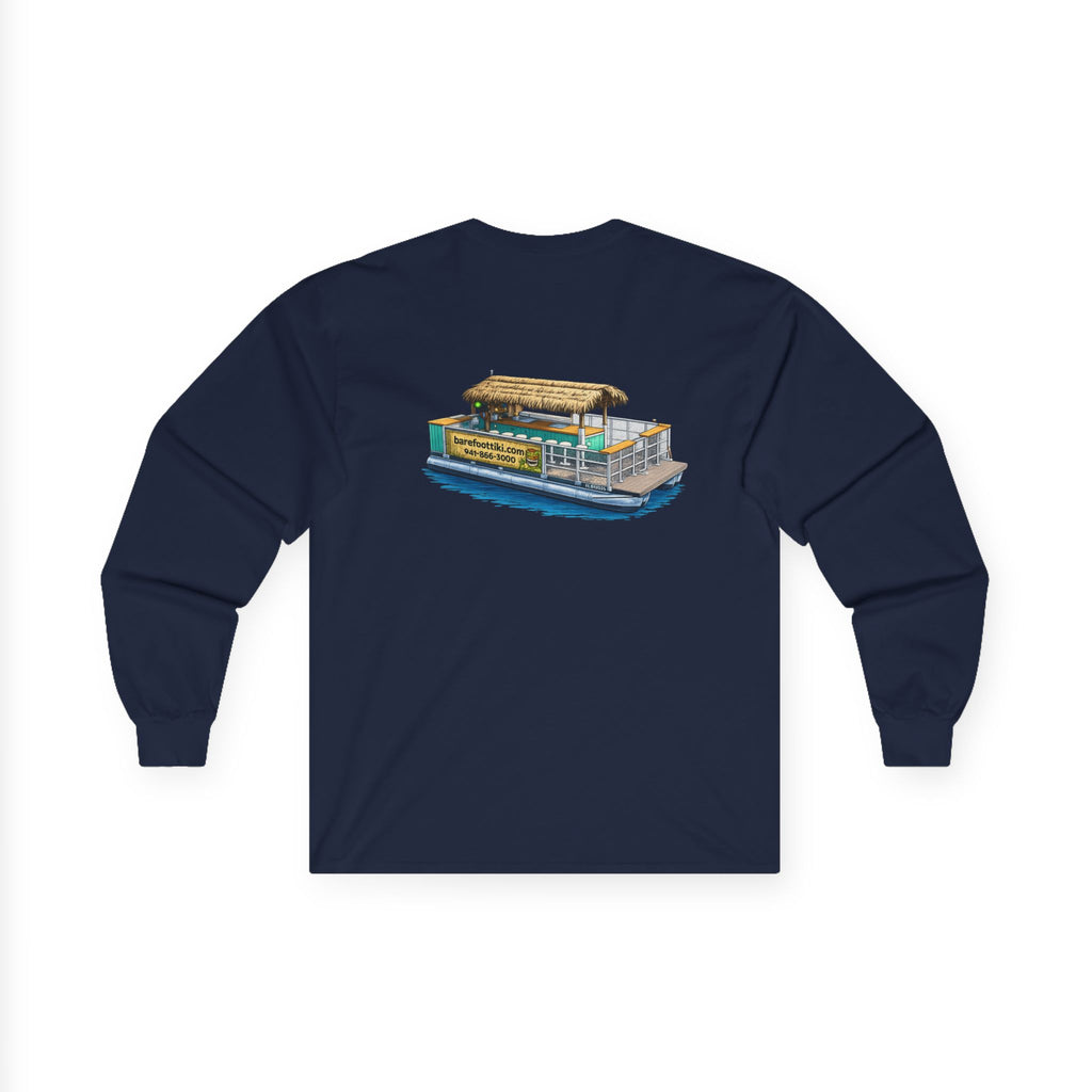Long Sleeve Tee — Barefoot Tiki Tour Boat Illustration (Front Logo, Back Art)