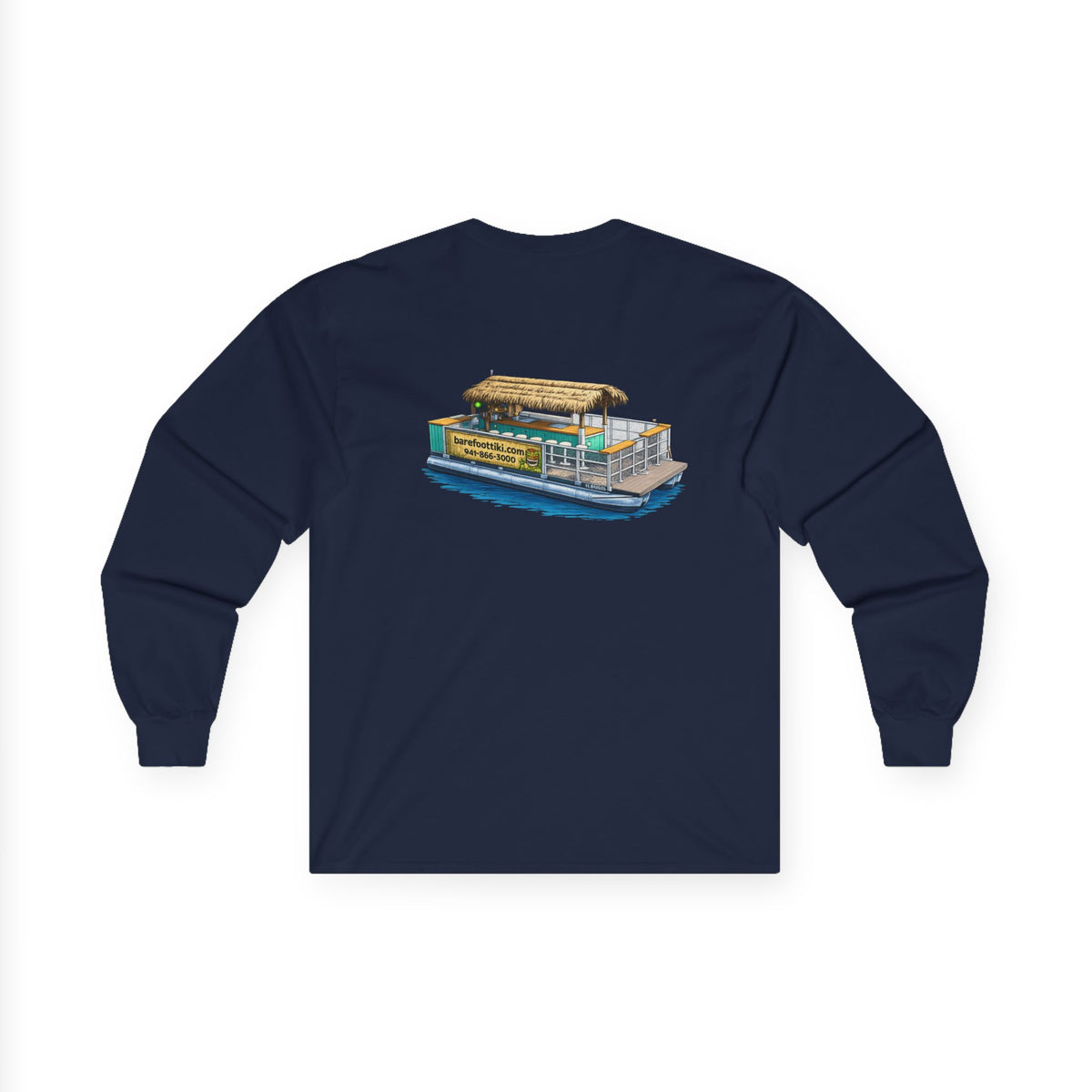 Long Sleeve Tee — Barefoot Tiki Tour Boat Illustration (Front Logo, Back Art)