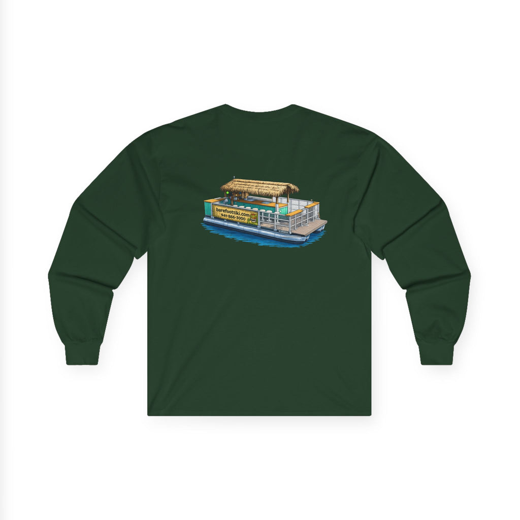 Long Sleeve Tee — Barefoot Tiki Tour Boat Illustration (Front Logo, Back Art)