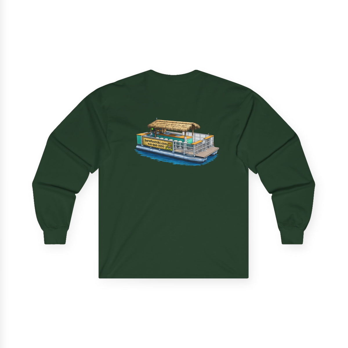 Long Sleeve Tee — Barefoot Tiki Tour Boat Illustration (Front Logo, Back Art)