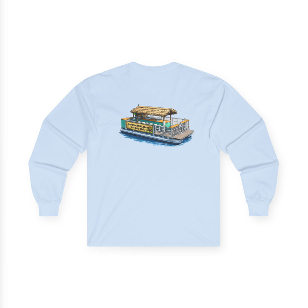 Long Sleeve Tee — Barefoot Tiki Tour Boat Illustration (Front Logo, Back Art)