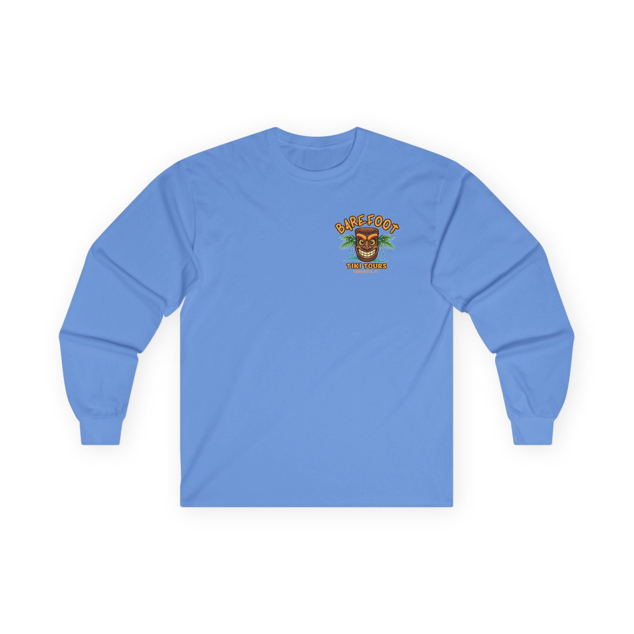 Long Sleeve Tee - Barefoot Tiki Tour Boat Illustration (Front Logo, Back Art)