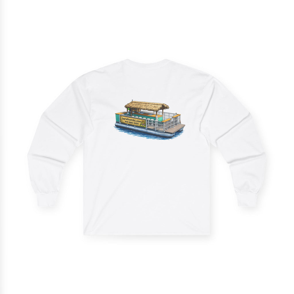 Long Sleeve Tee — Barefoot Tiki Tour Boat Illustration (Front Logo, Back Art)