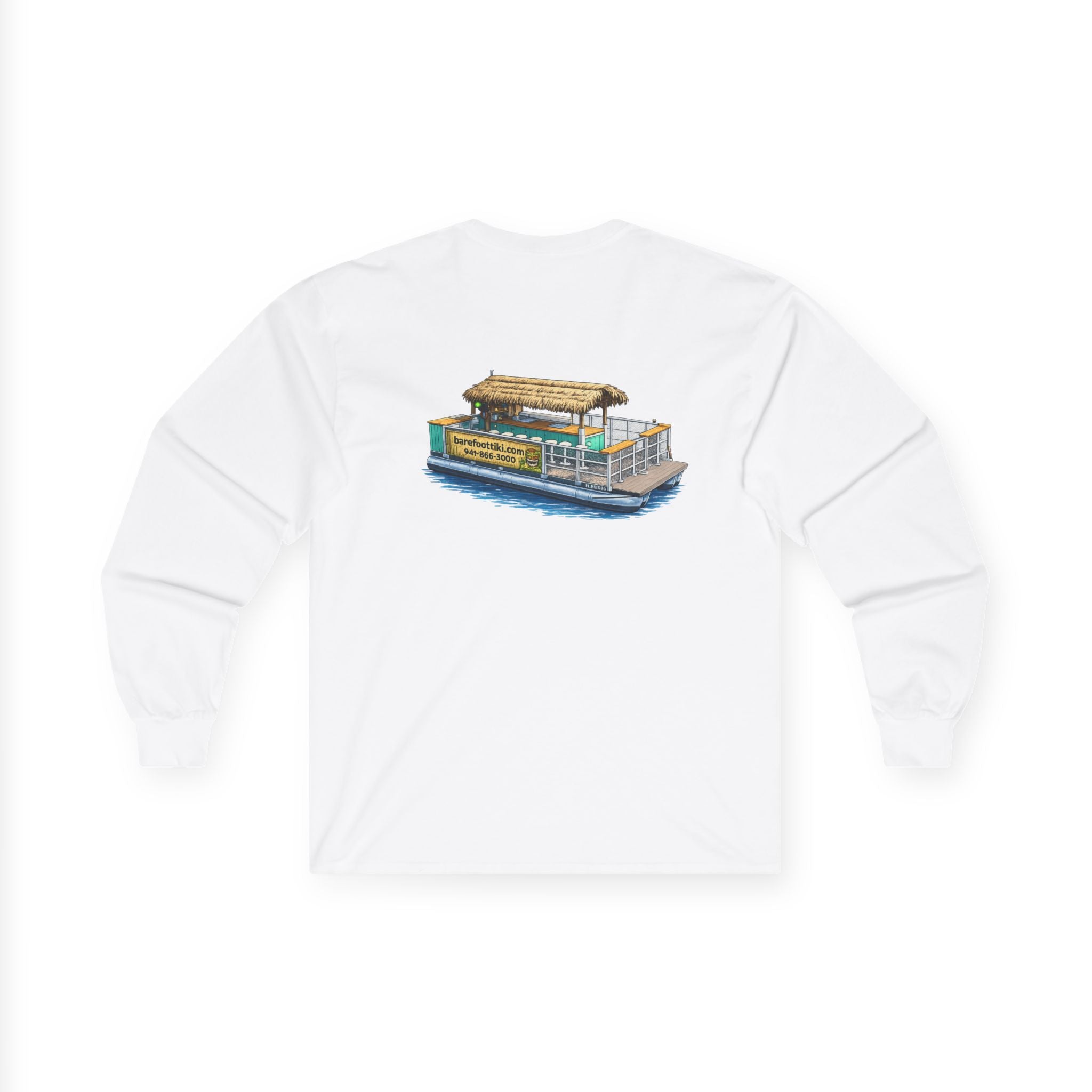 Long Sleeve Tee - Barefoot Tiki Tour Boat Illustration (Front Logo, Back Art)