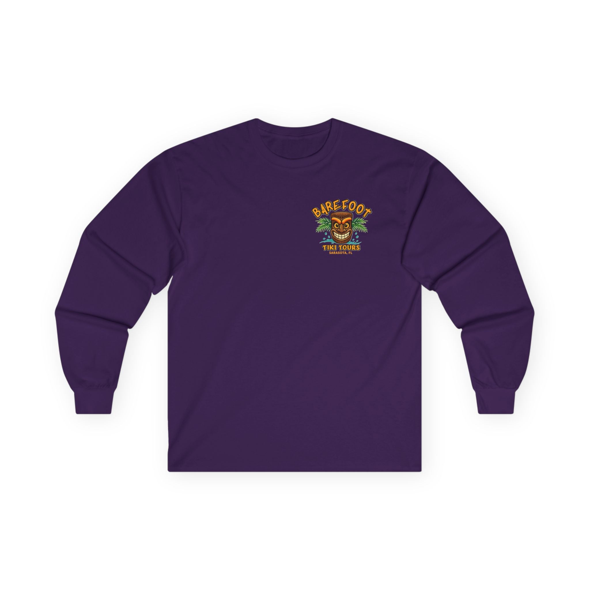 Long Sleeve Tee - Barefoot Tiki Tour Boat Illustration (Front Logo, Back Art)