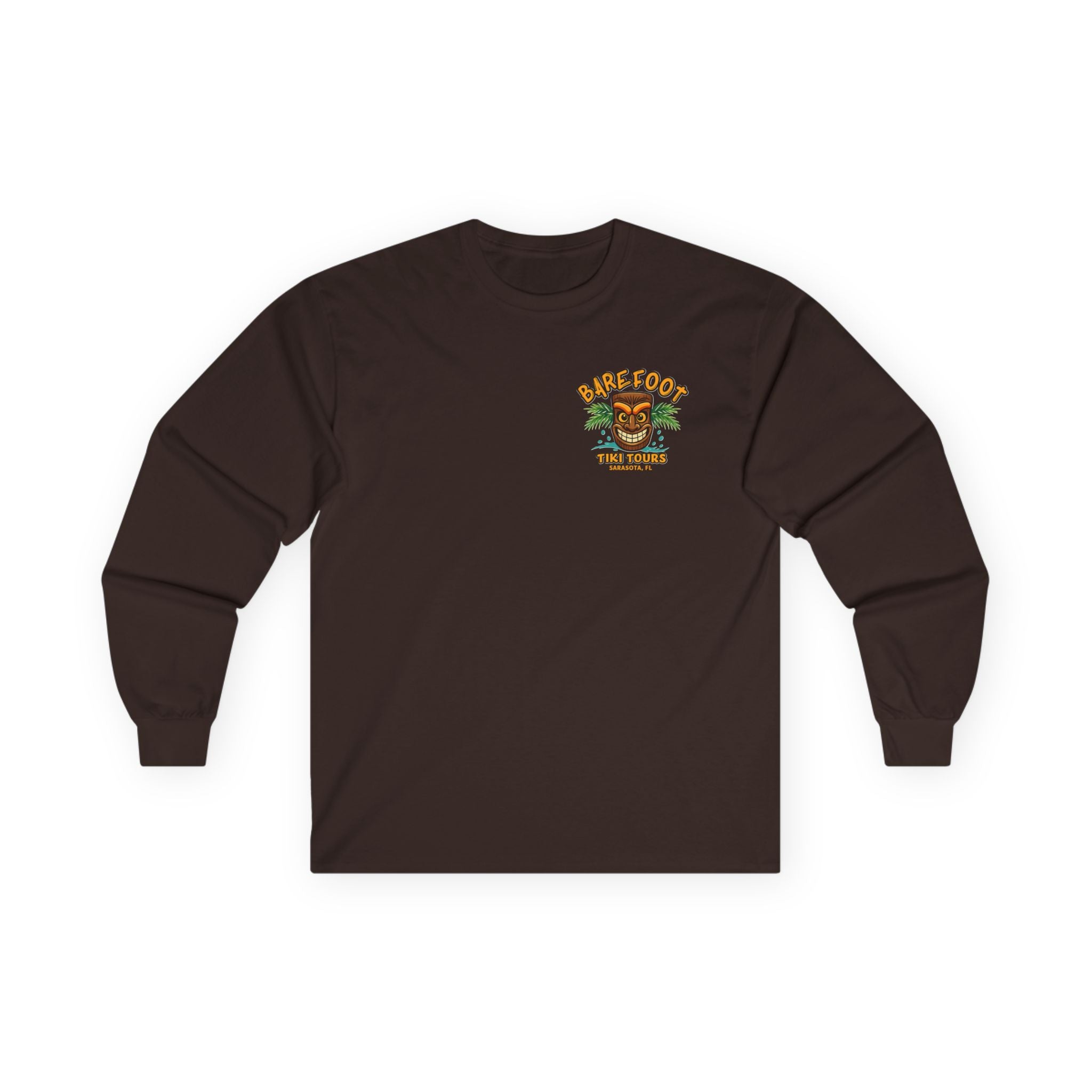 Long Sleeve Tee - Barefoot Tiki Tour Boat Illustration (Front Logo, Back Art)