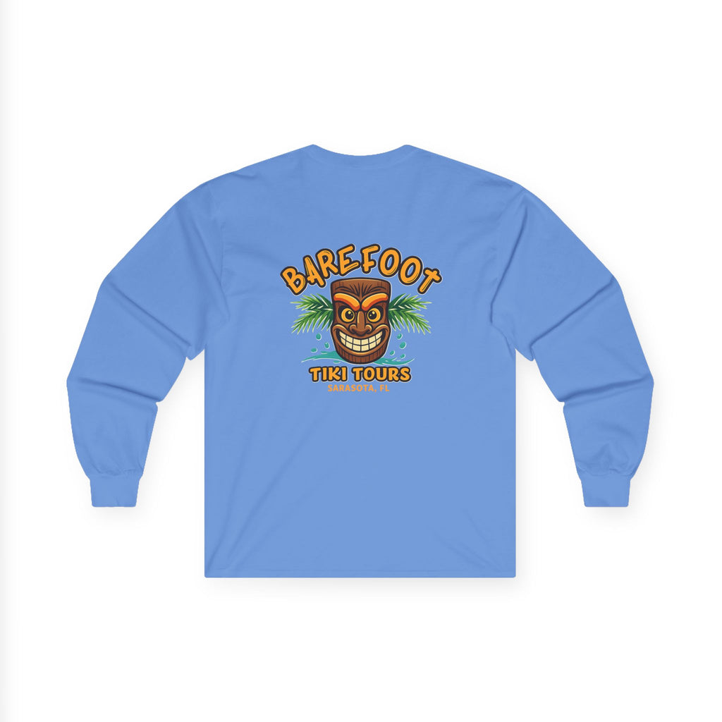 Barefoot Tiki Tours long sleeve tee | Retro Tiki Mask palm trees