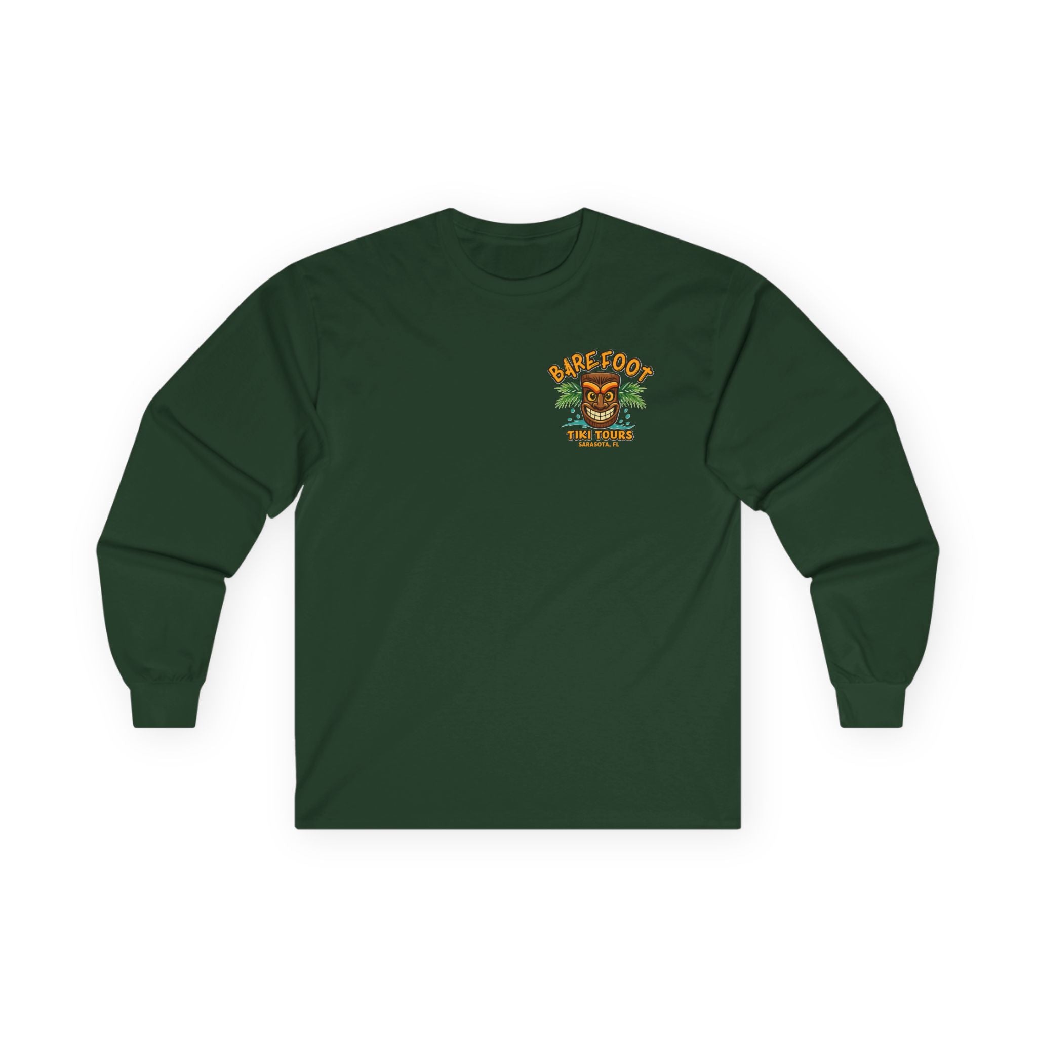 Long Sleeve Tee - Barefoot Tiki Tour Boat Illustration (Front Logo, Back Art)