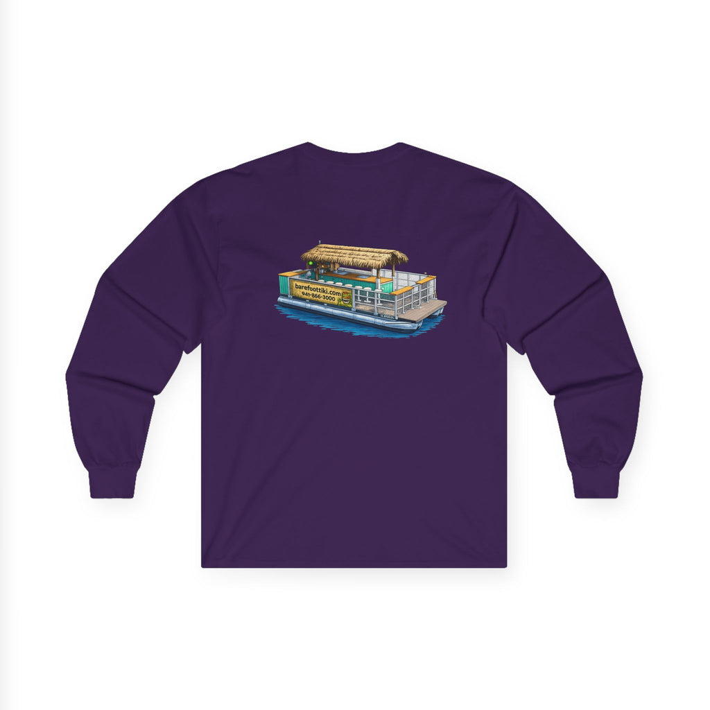 Long Sleeve Tee — Barefoot Tiki Tour Boat Illustration (Front Logo, Back Art)