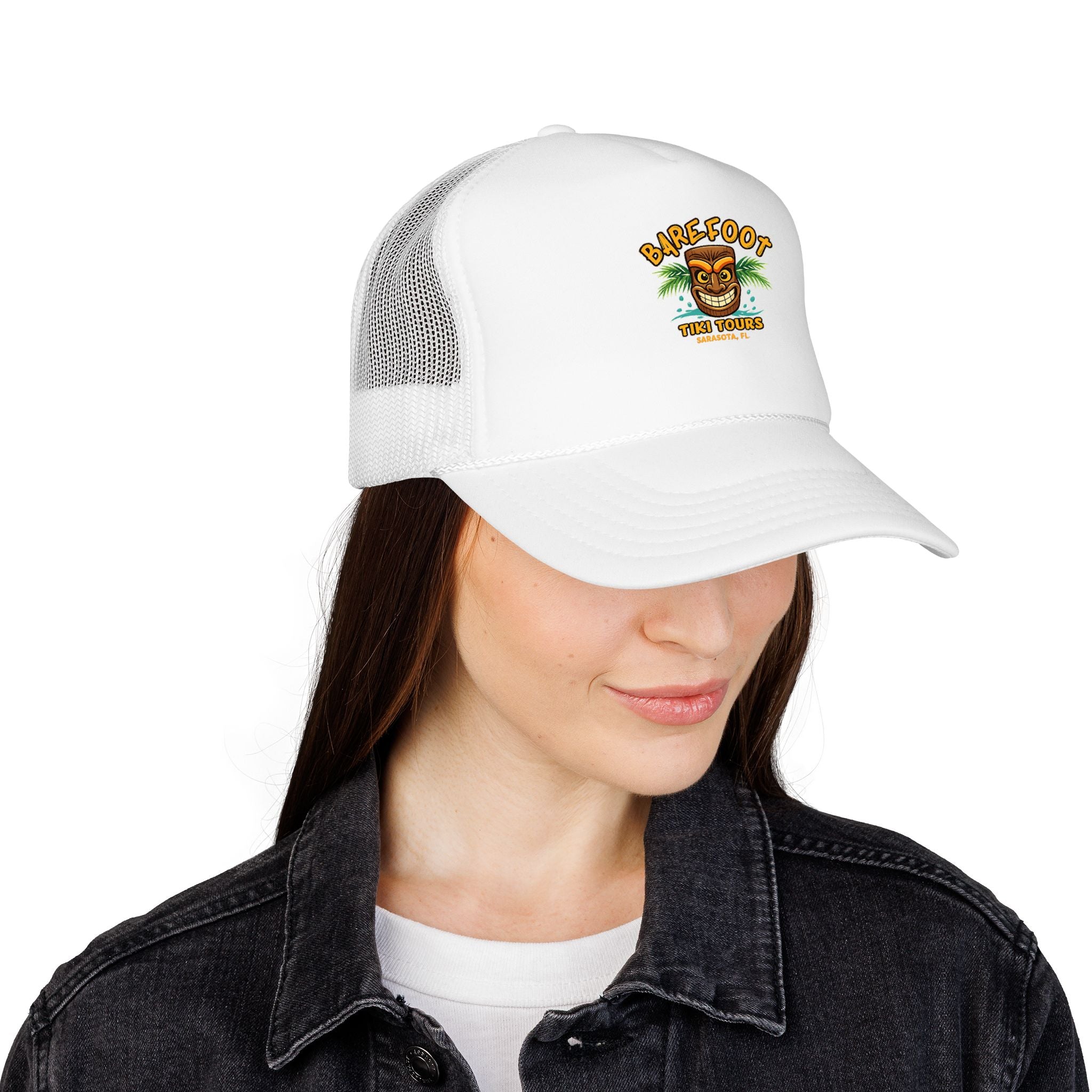 Barefoot Tiki Tours Foam Trucker Hat – Tropical Vacation Mesh Cap