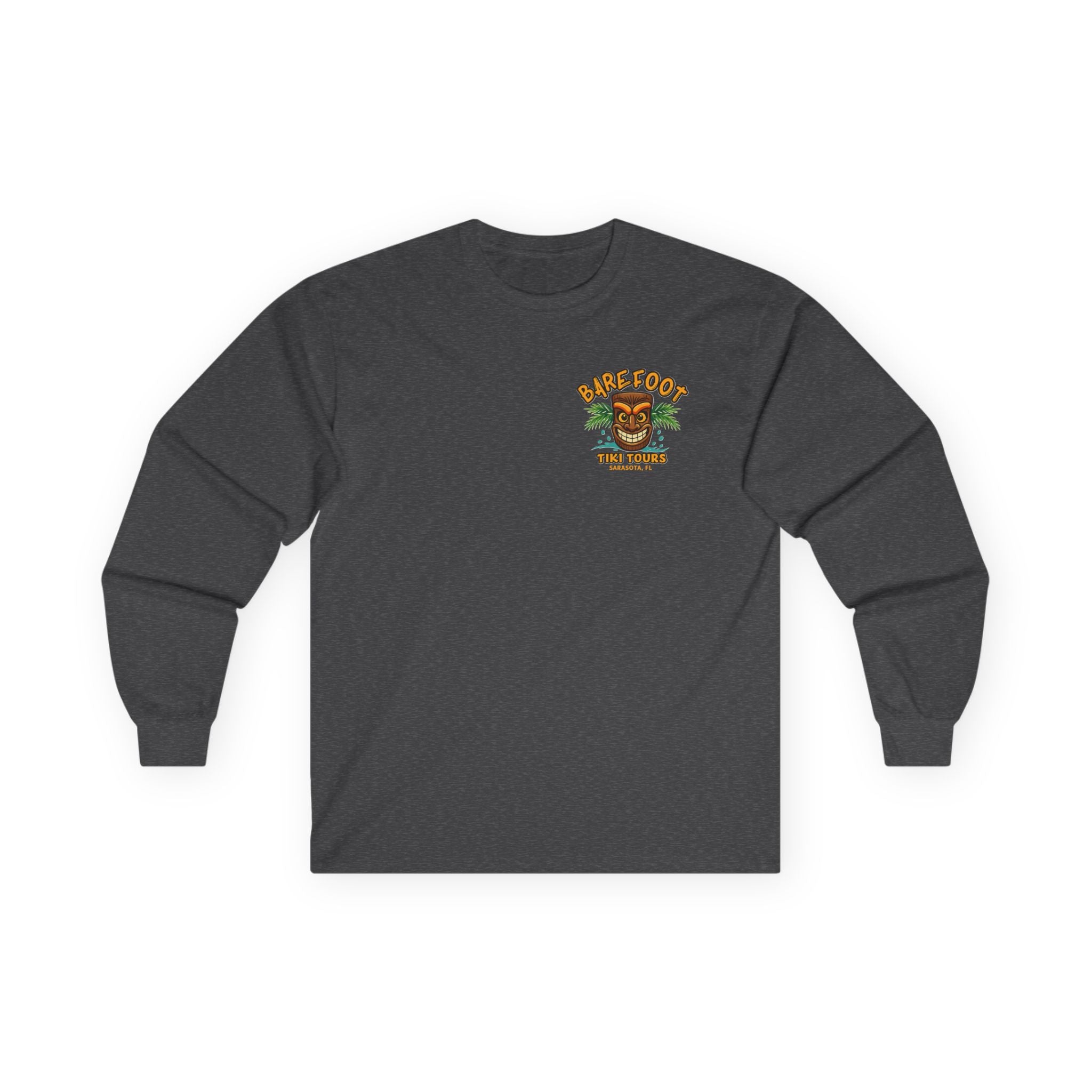 Long Sleeve Tee - Barefoot Tiki Tour Boat Illustration (Front Logo, Back Art)