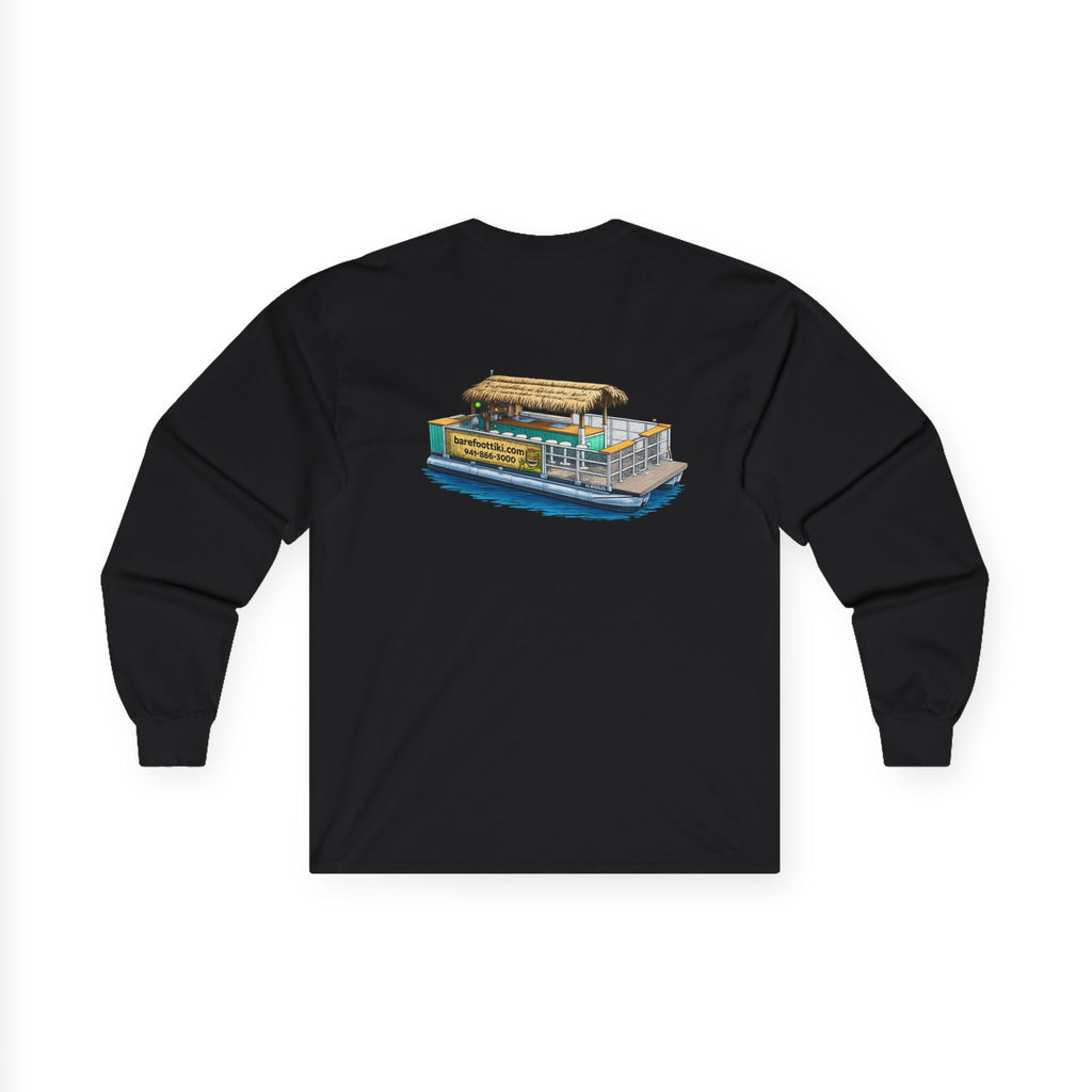 Long Sleeve Tee — Barefoot Tiki Tour Boat Illustration (Front Logo, Back Art)